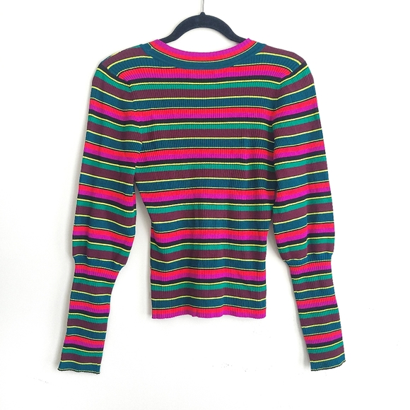 Milly Stripe Puff Sleeve Rib Knit Pullover Candycane Holiday Sweater Top - Picture 10 of 13
